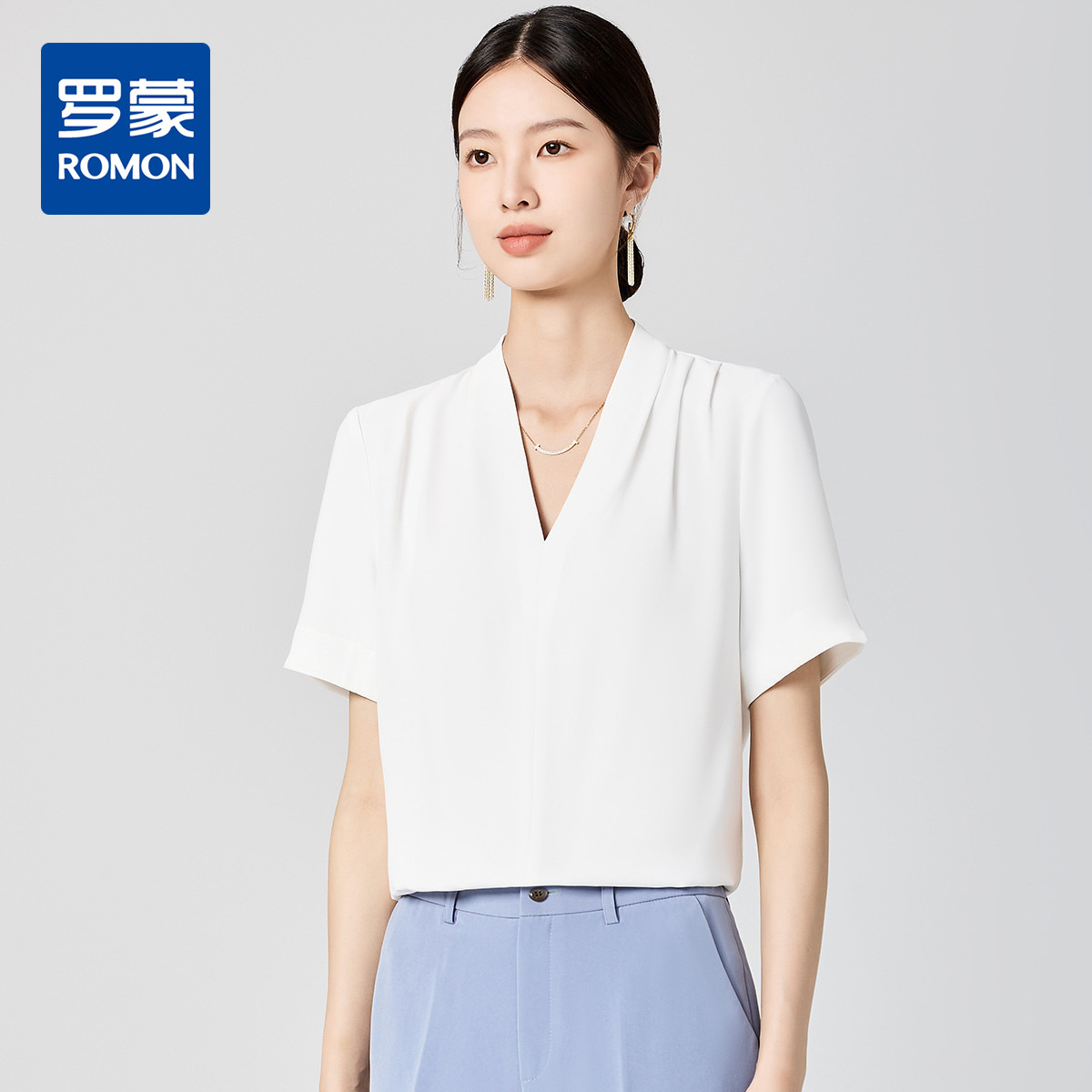 10777881.【时尚V领】罗蒙女士短袖衬衫简约透气大众日常百搭衬衣套头女