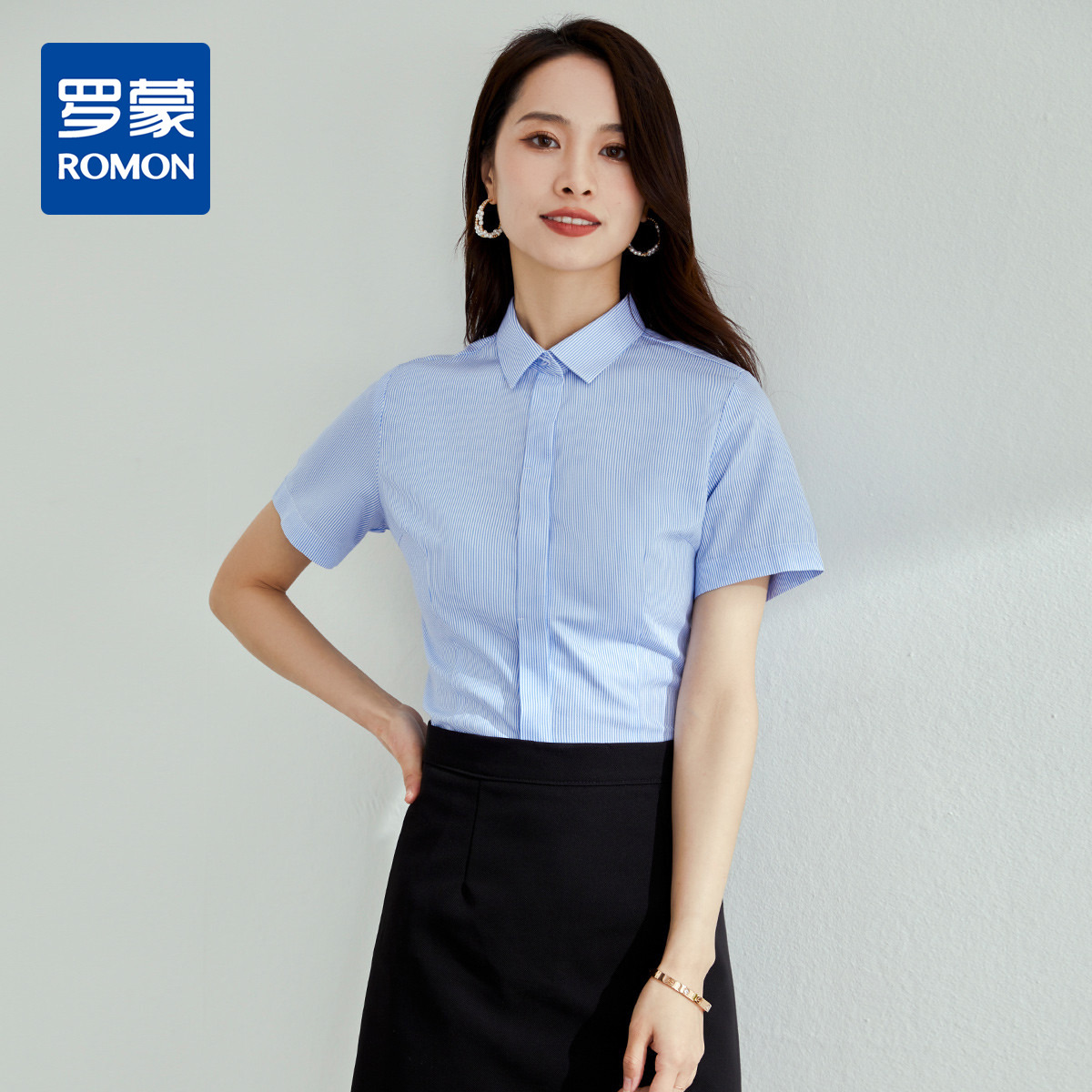 10777584.【全棉免烫】罗蒙女士短袖衬衫舒适条纹百搭日常时尚通勤上衣衬衫女