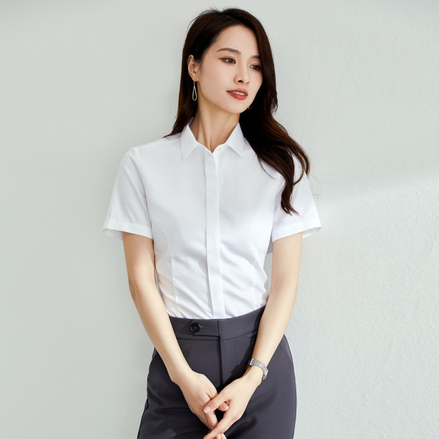 10777470.【全棉免烫】罗蒙女士短袖衬衫舒适百搭简约纯色百搭休闲上衣衬衫女