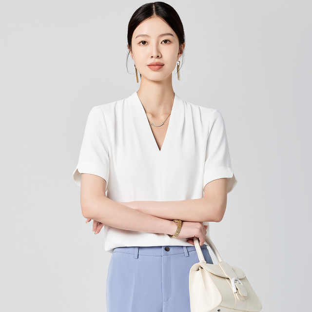 10777881.【时尚V领】罗蒙女士短袖衬衫简约透气大众日常百搭衬衣套头女