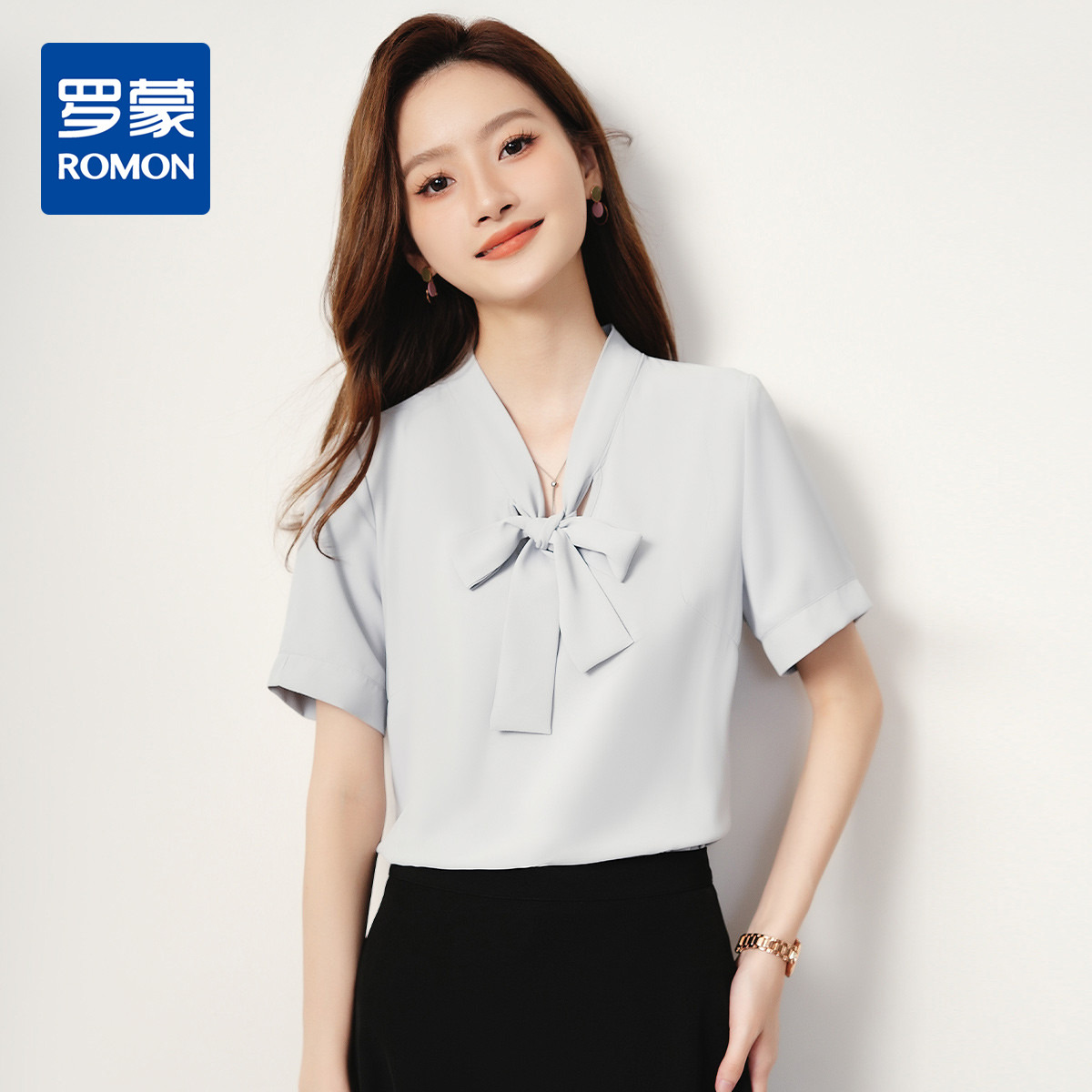10777833.【优雅系带领】罗蒙女士短袖衬衫优雅大方商务通勤百搭时尚衬衣女