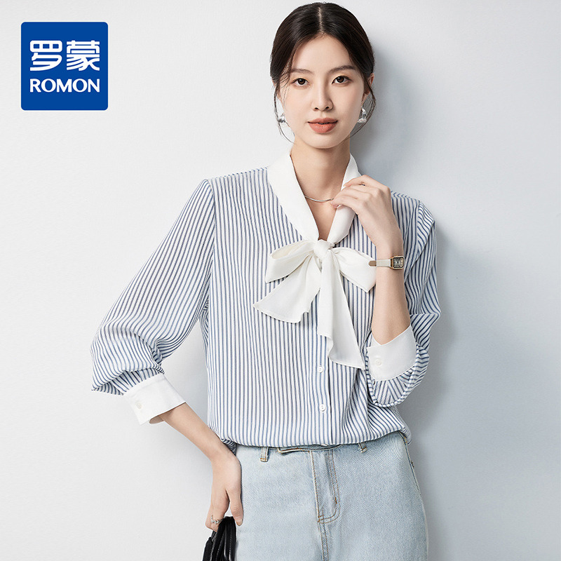 10888528.【气质系带领&简约条纹】罗蒙女士长袖衬衫优雅温柔商务衬衣男