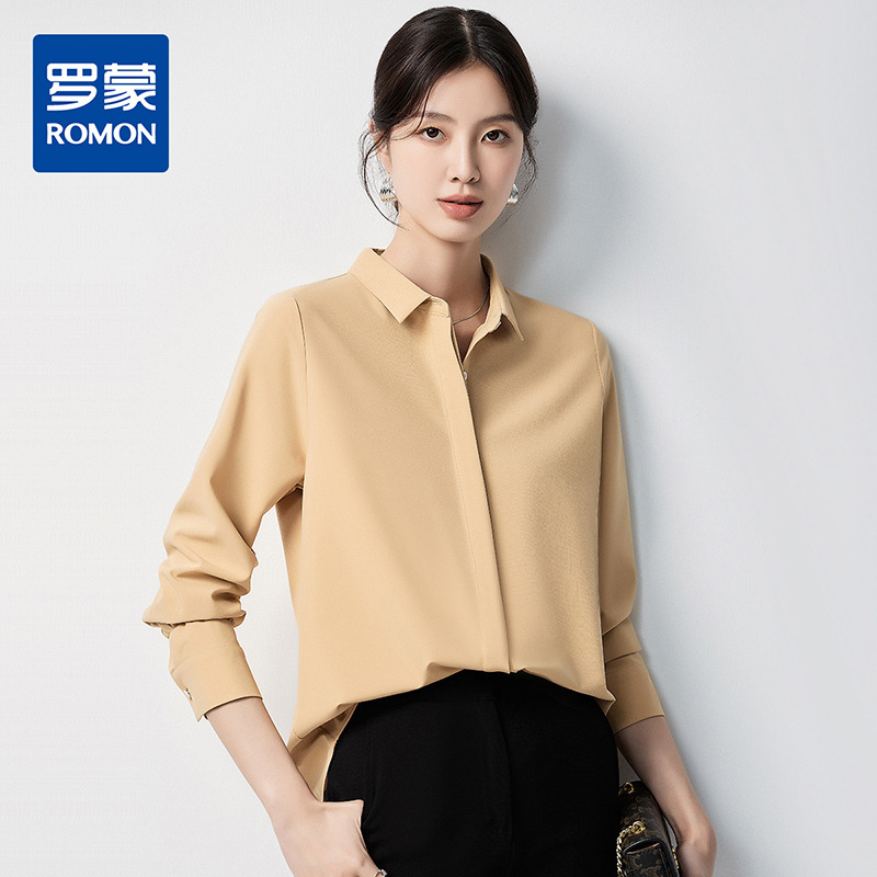 10888553.【暗门襟设计】罗蒙女士长袖衬衫简约大方开衫都市休闲微弹女衬衣