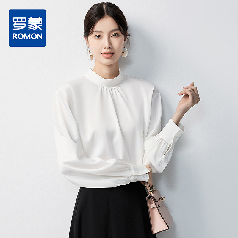 10888796.【蝴蝶结系带】罗蒙女士长袖衬衫百搭圆领优雅气质时尚通勤衬衣女
