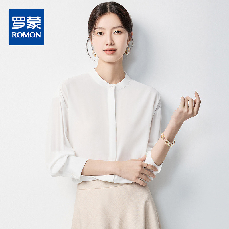 10889615.【经典圆领】罗蒙女士长袖衬衫时尚百搭气质优雅温柔舒适衬衣女