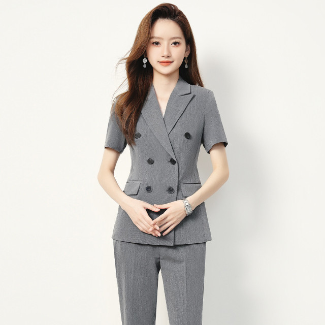 10892267.【双排扣短袖西服+长裤】罗蒙夏季女士套装商务时尚百搭两件套女