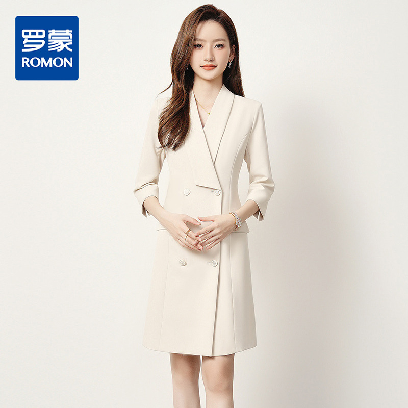 10892484.【西装领】罗蒙女士连衣裙七分袖中长款裙子女气质优雅简约大方商务