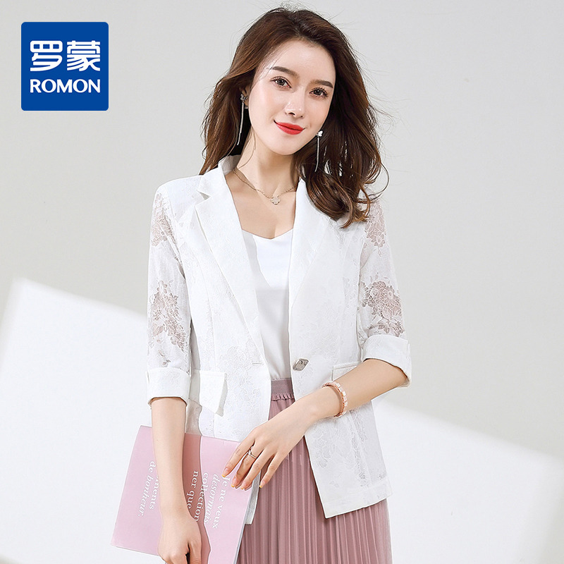 10927252.【蕾丝镂空】罗蒙西装女士外套夏季轻薄款蕾丝西服商务休闲单西上衣