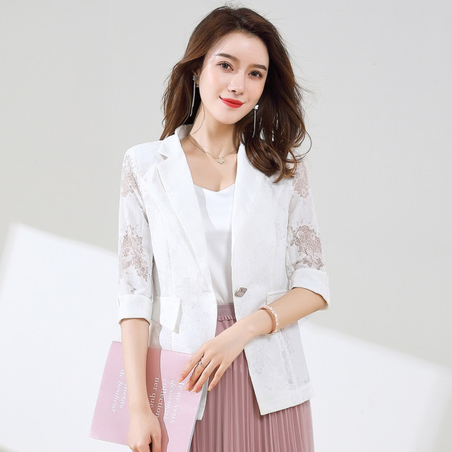 10927252.【蕾丝镂空】罗蒙西装女士外套夏季轻薄款蕾丝西服商务休闲单西上衣
