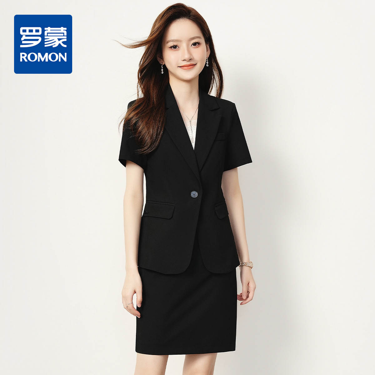10938047.【一粒扣短袖西服+包臀短裙】罗蒙夏季女士套装职业两件套女