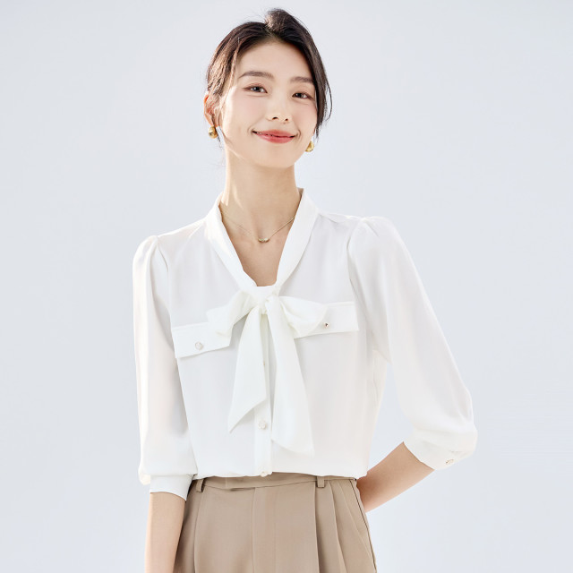 10938360.罗蒙系带领结女士长袖衬衫女