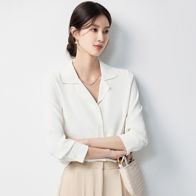 10938783.罗蒙女士长袖V领衬衫简约纯色有型衬衣
