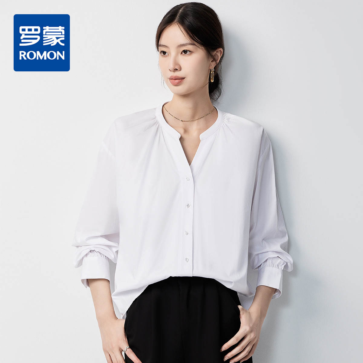 10938766.罗蒙女士长袖V领衬衣女