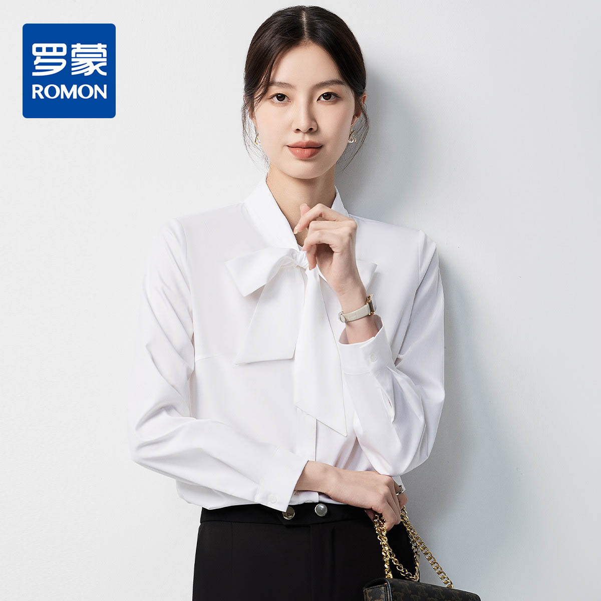 10938816.罗蒙女士长袖蝴蝶结系带领衬衫微弹有型衬衣