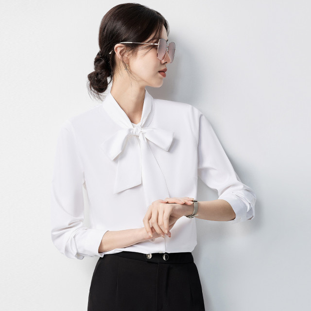10938816.罗蒙女士长袖蝴蝶结系带领衬衫微弹有型衬衣