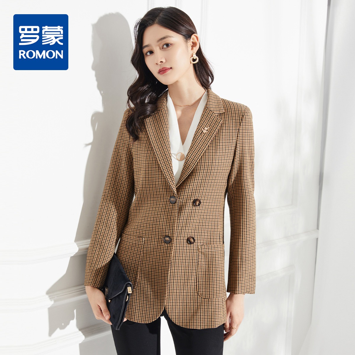 11158560.罗蒙女士西装外套秋款商务通勤格纹女西服外套