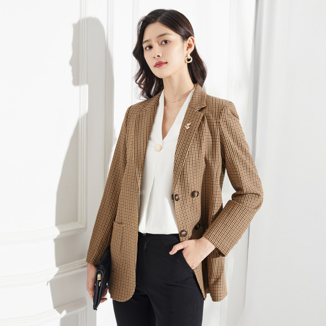 11158560.罗蒙女士西装外套秋款商务通勤格纹女西服外套