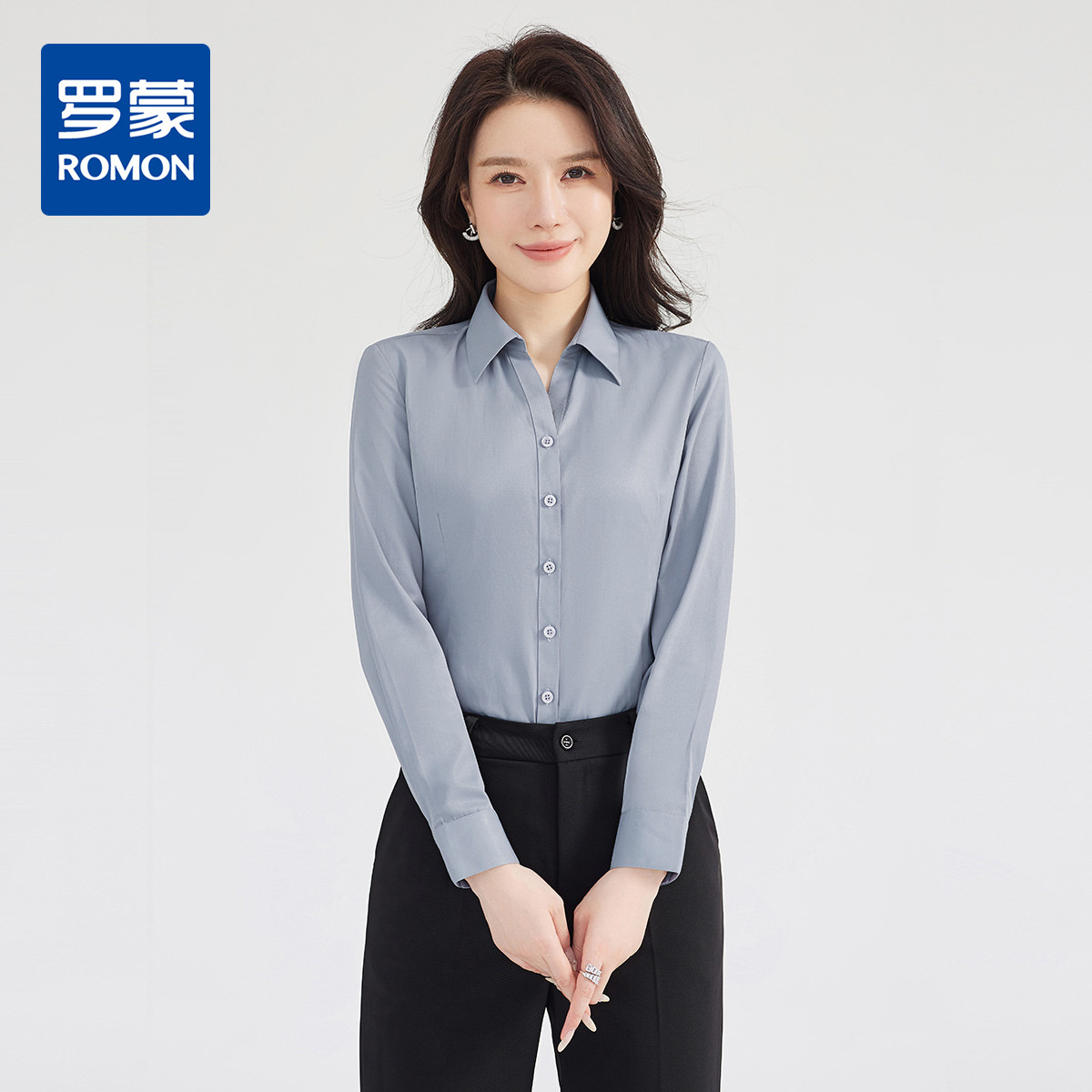 11163311.罗蒙女士长袖衬衫百搭纯色商务通勤时尚大气上衣