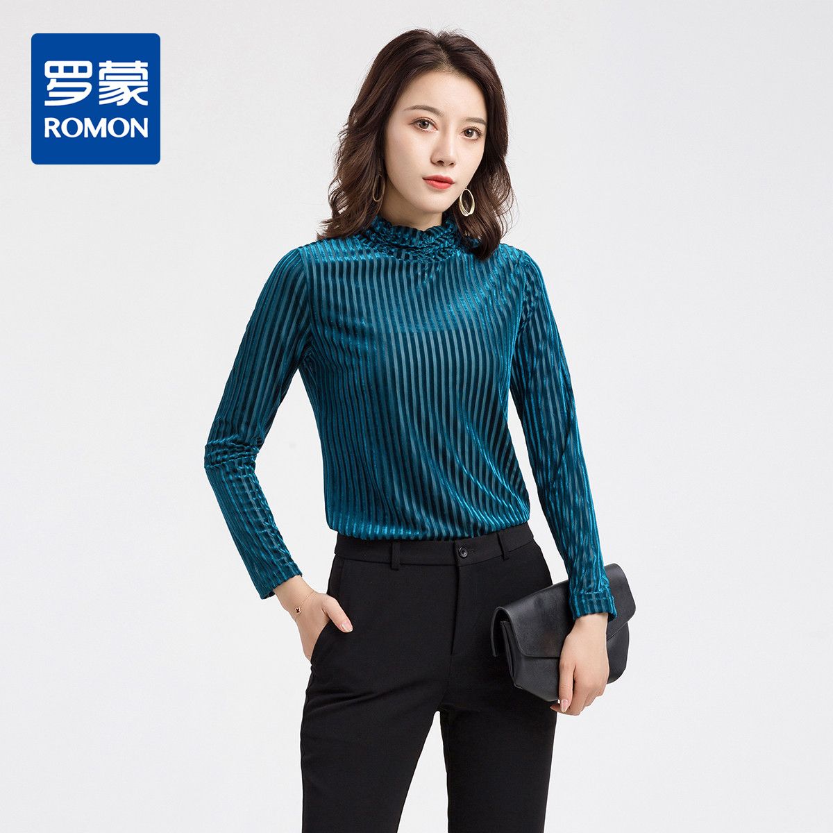 11166870.罗蒙女士打底衫高领圆通套头衫时尚百搭休闲打底衫t恤衫