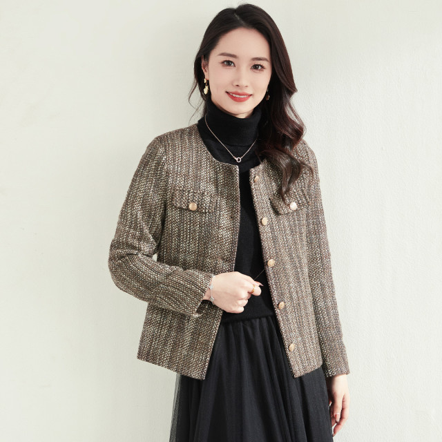 11351884.罗蒙女士小香风西服棉混纺优雅复古简约百搭时尚有型格子外套女