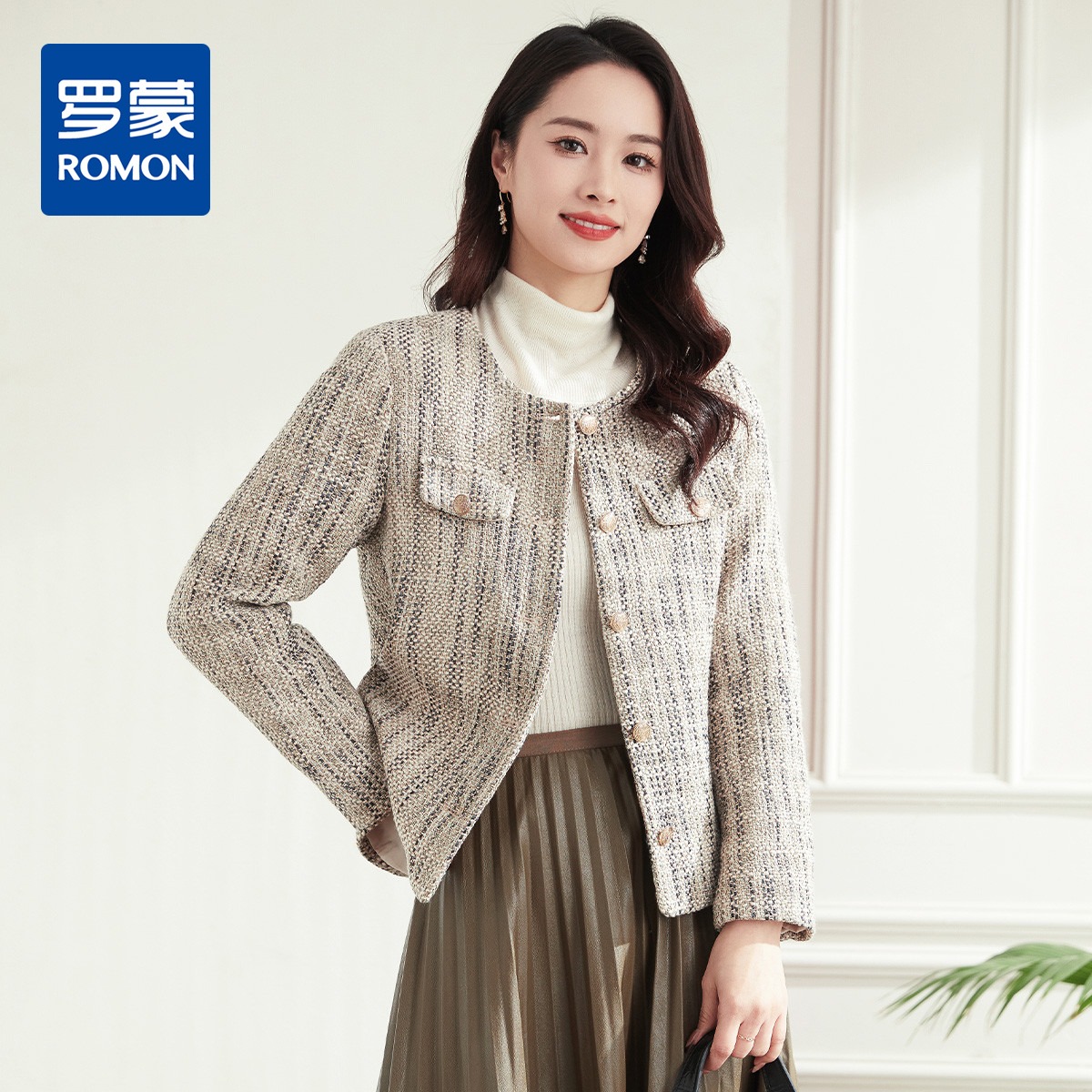 11351884.罗蒙女士小香风西服棉混纺优雅复古简约百搭时尚有型格子外套女