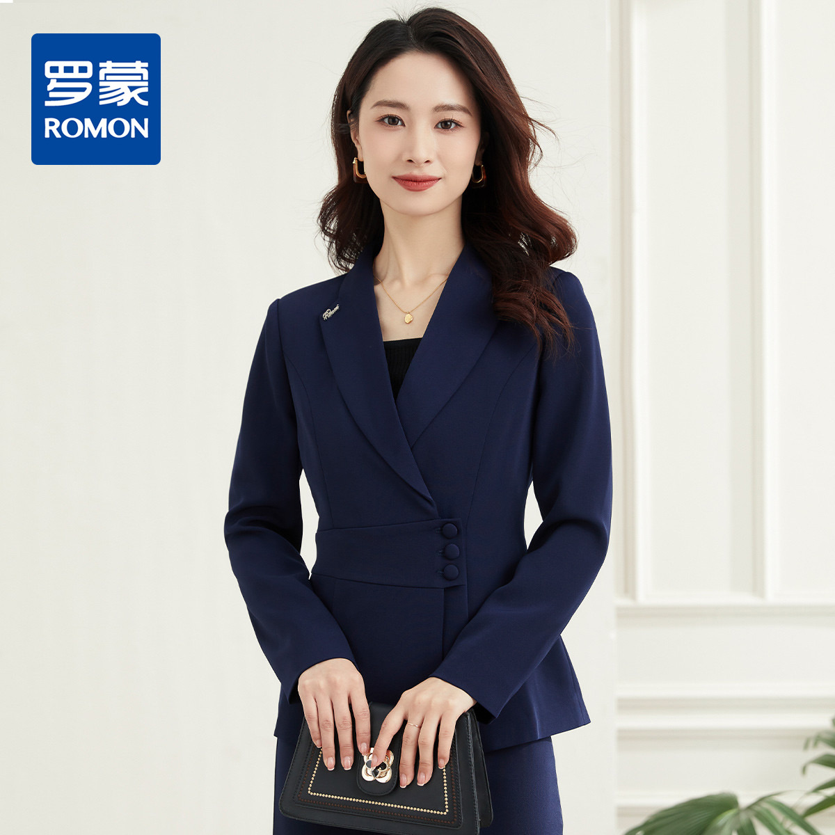 11389913.罗蒙女士春秋西服百搭干练职场通勤长袖不规则下摆西服外套女