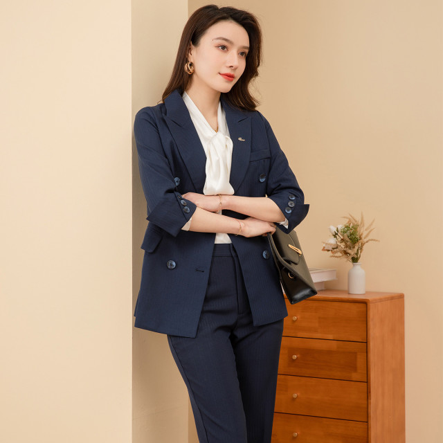 11394512.【西服+西裤】罗蒙女士套装通勤商务经典纯色两排扣气质职业两件套女