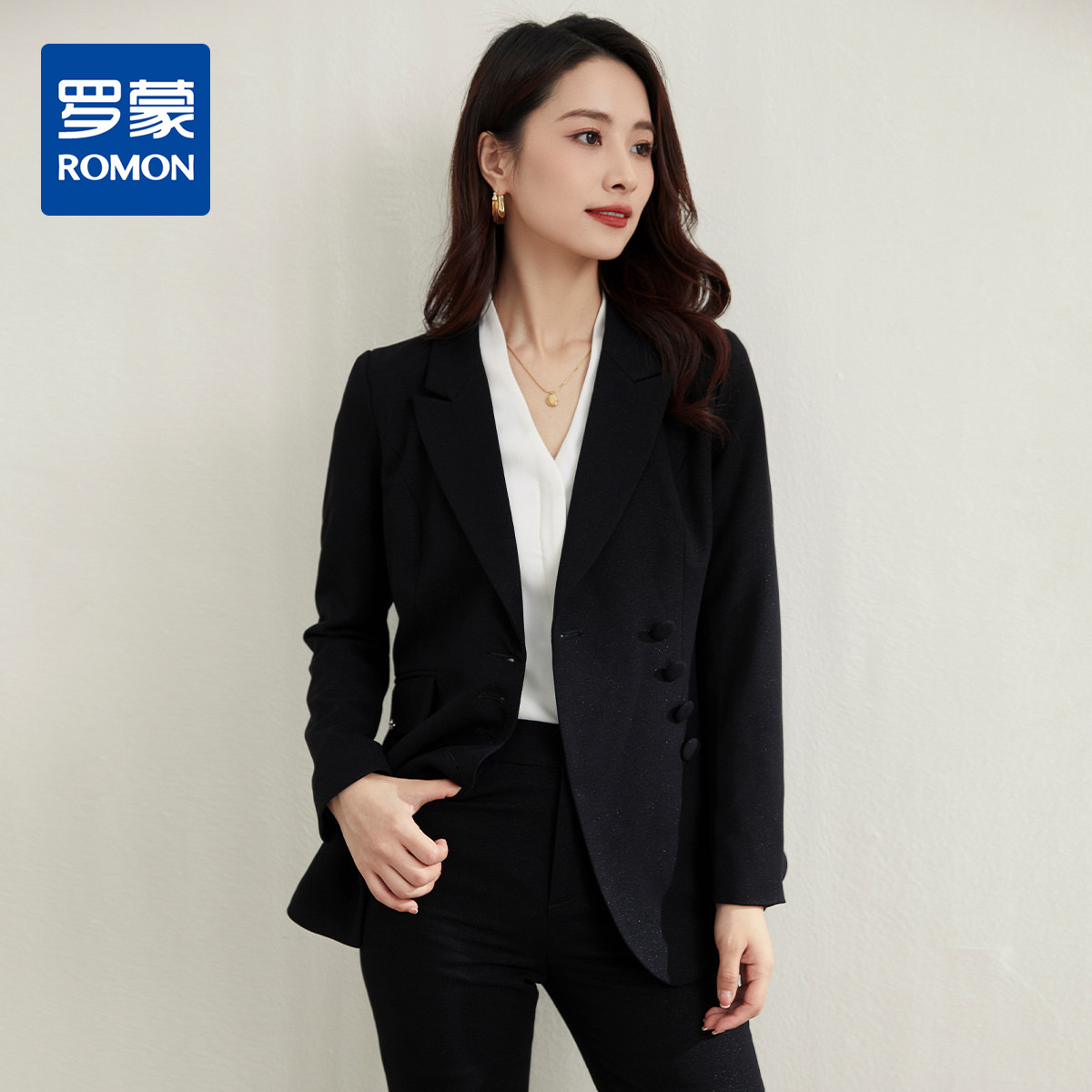 11394462.罗蒙女士西服不对称下摆百搭职业简约大众长袖西服外套女