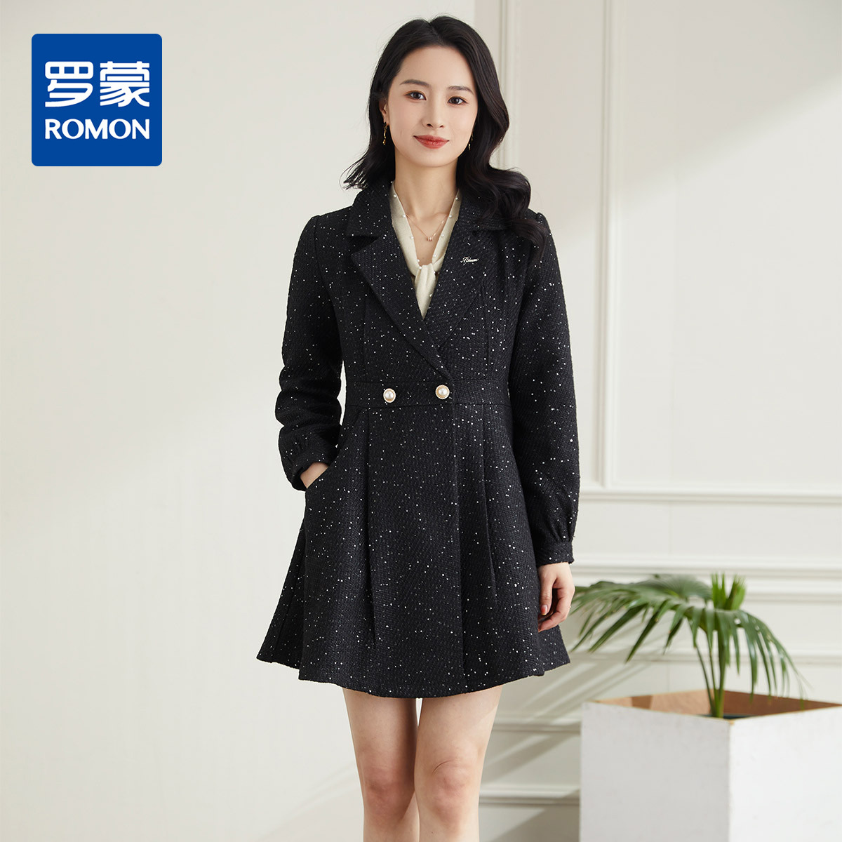 11396338.罗蒙女士连衣裙小香风舒适百搭优雅西装领外穿内搭裙子女