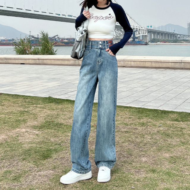11529204.罗蒙女士牛仔裤四季高腰宽松阔腿长裤休闲百搭通勤舒适垂顺直筒裤子女