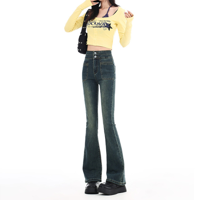 11535892.罗蒙四季可穿女士百搭牛仔裤休闲高腰显瘦微喇裤舒适通勤女长裤