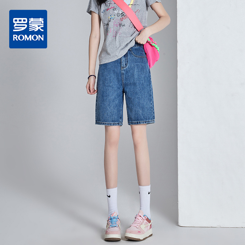 11723607.罗蒙女士夏季牛仔短裤舒适简约百搭五分裤遮肉显瘦高腰牛仔女裤