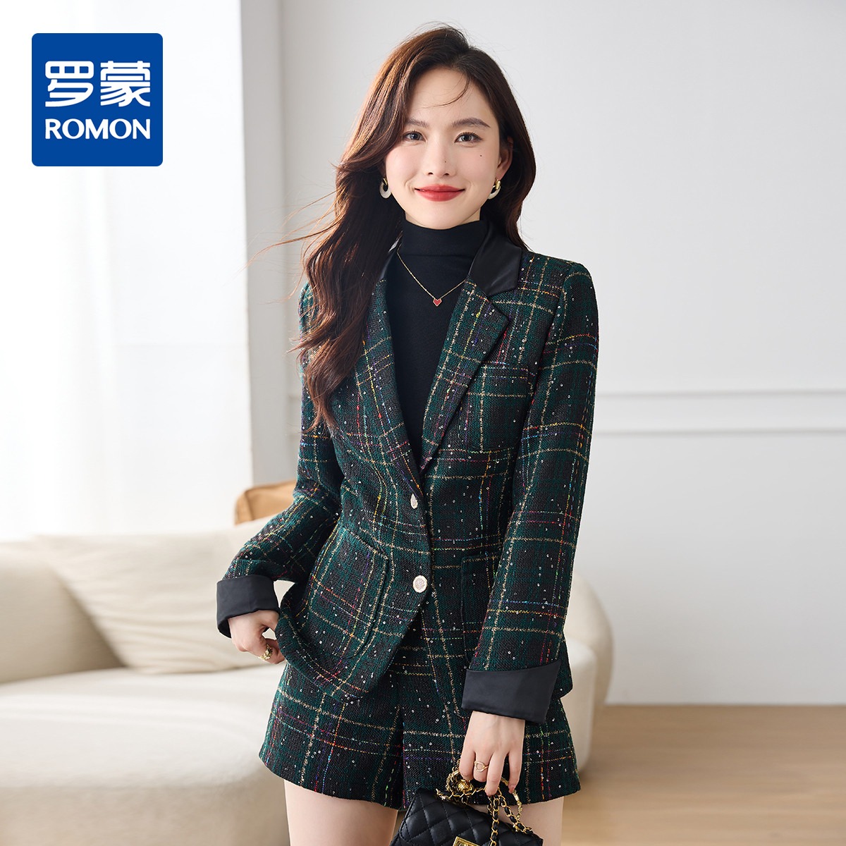 11824943.罗蒙女士春夏款小香风西服套装时尚格纹干练休闲通勤女西装两件套