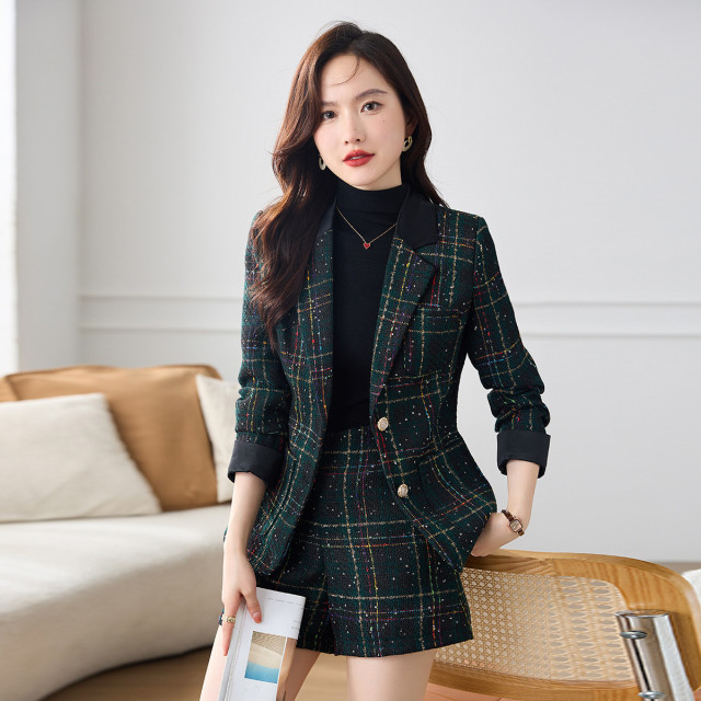 11824943.罗蒙女士春夏款小香风西服套装时尚格纹干练休闲通勤女西装两件套