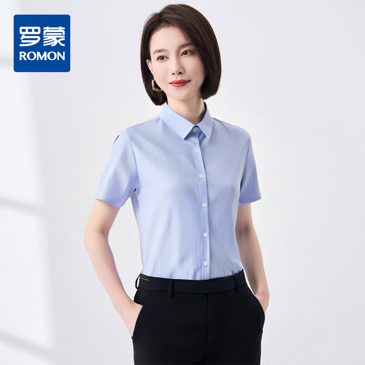 12111907.罗蒙女士短袖衬衫简约条纹易打理挺括干练有型舒适百搭女衬衫