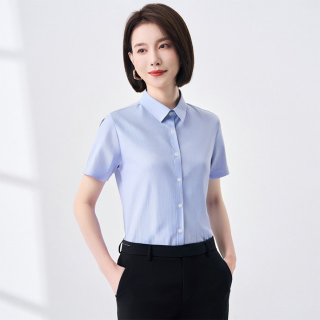12111907.罗蒙女士短袖衬衫简约条纹易打理挺括干练有型舒适百搭女衬衫