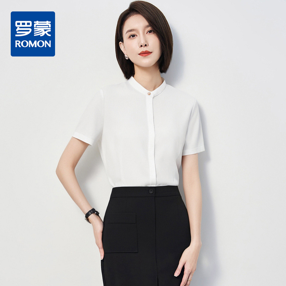 12127089.【含莫代尔】罗蒙女士短袖衬衫简约甜美淑女百搭v领简约大方衬衣女