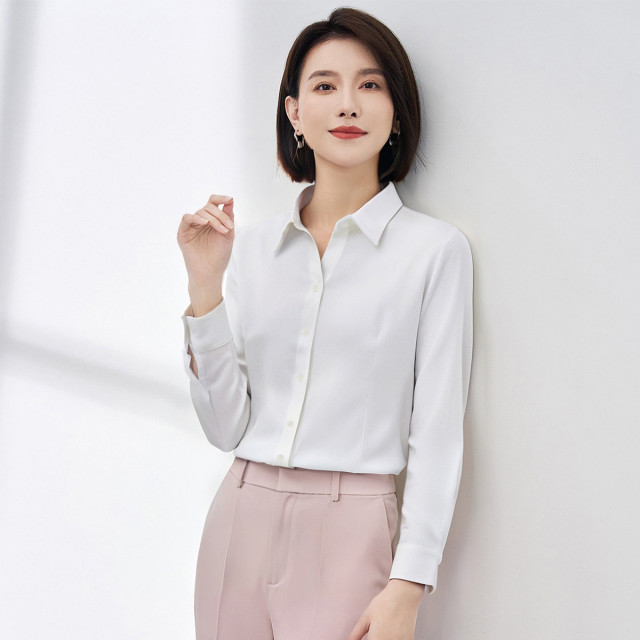 12126973.【含莫代尔】罗蒙女士长袖衬衫V领修身百搭易打理衬衣女商务通勤