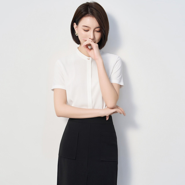 12127089.【含莫代尔】罗蒙女士短袖衬衫简约甜美淑女百搭v领简约大方衬衣女