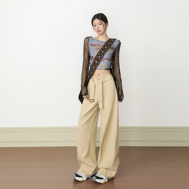12656558.罗蒙女士牛仔裤美式复古带腰带阔腿高腰宽松显瘦垂感直筒牛仔长裤