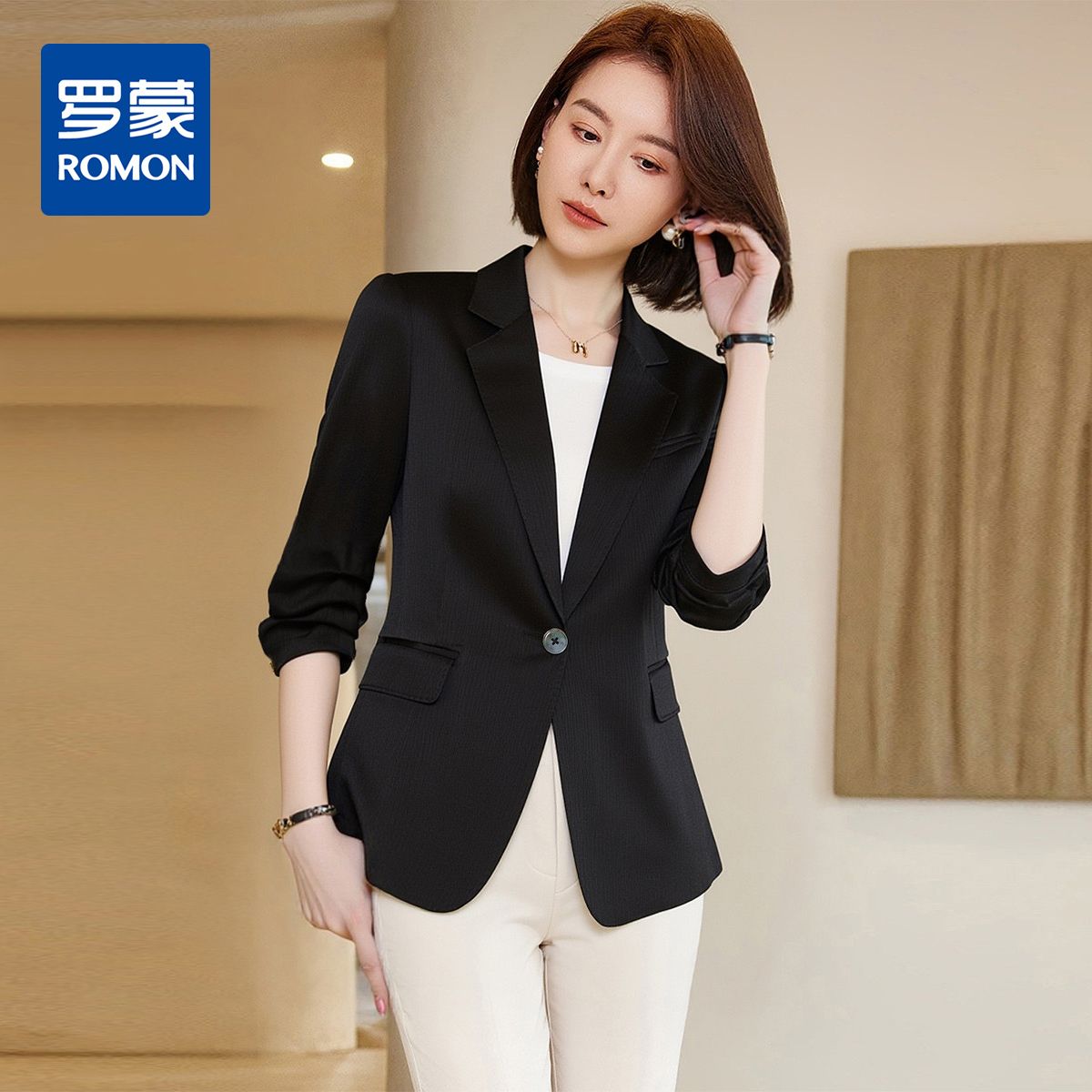 12671632.罗蒙女士春秋七分袖西服外套简约百搭纯色一粒扣商务日常单西女