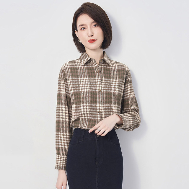 12671881.【含绵羊毛 厚实保暖】罗蒙女士秋冬格子长袖衬衫可外穿百搭休闲舒适百搭衬衣女