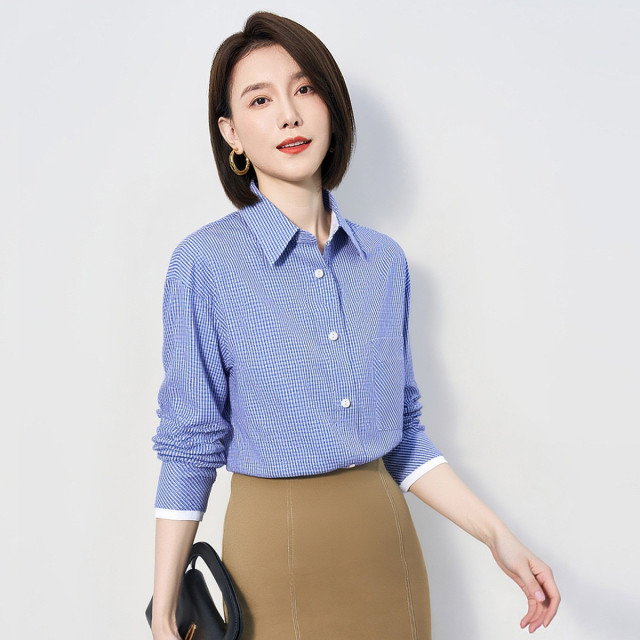 12671833.【棉混纺 清新格纹】罗蒙女士春秋长袖衬衫简约大众易打理舒适百搭商务女衬衣