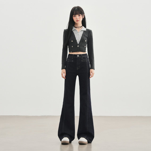12754590.罗蒙秋冬女士高腰明线深色喇叭牛仔裤女时尚通勤显瘦微喇休闲长裤
