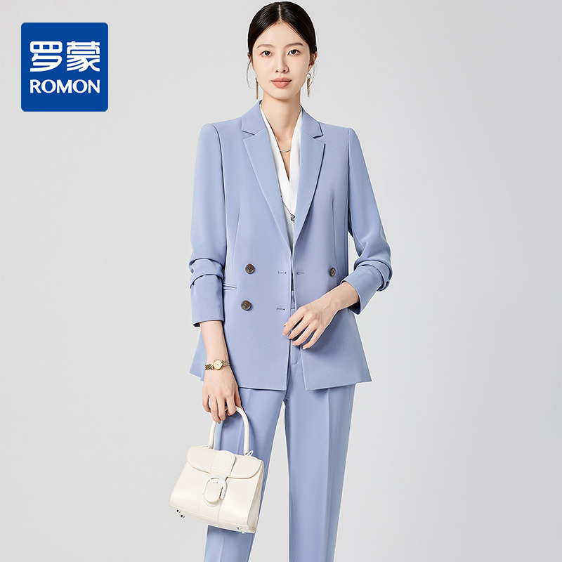 13363345.【双排扣上衣+裤子】罗蒙女士套装气质职场百搭商务两件套女舒适微弹