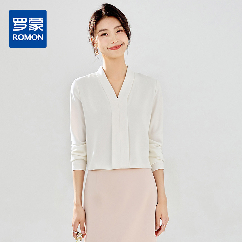 13362433.【时尚V领】罗蒙春夏女士长袖衬衫优雅气质商务淑女通勤百搭衬衣女
