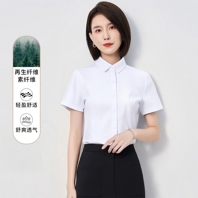 13365646.【商务休闲】罗蒙女士短袖衬衫百搭纯色简约大方时尚通勤衬衣开衫女