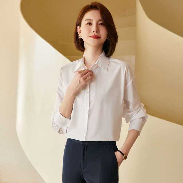 13367300.罗蒙春夏薄款女士长袖衬衫简约纯色落肩宽松显瘦百搭棉质衬衣开衫女