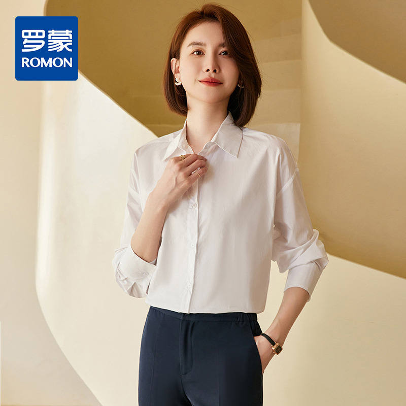 13367300.罗蒙春夏薄款女士长袖衬衫简约纯色落肩宽松显瘦百搭棉质衬衣开衫女