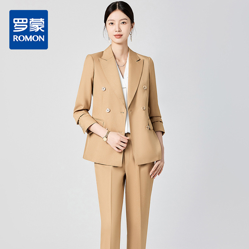 13366283.【上衣+裤子】罗蒙女士套装优雅帅气双排扣时尚通勤百搭两件套女